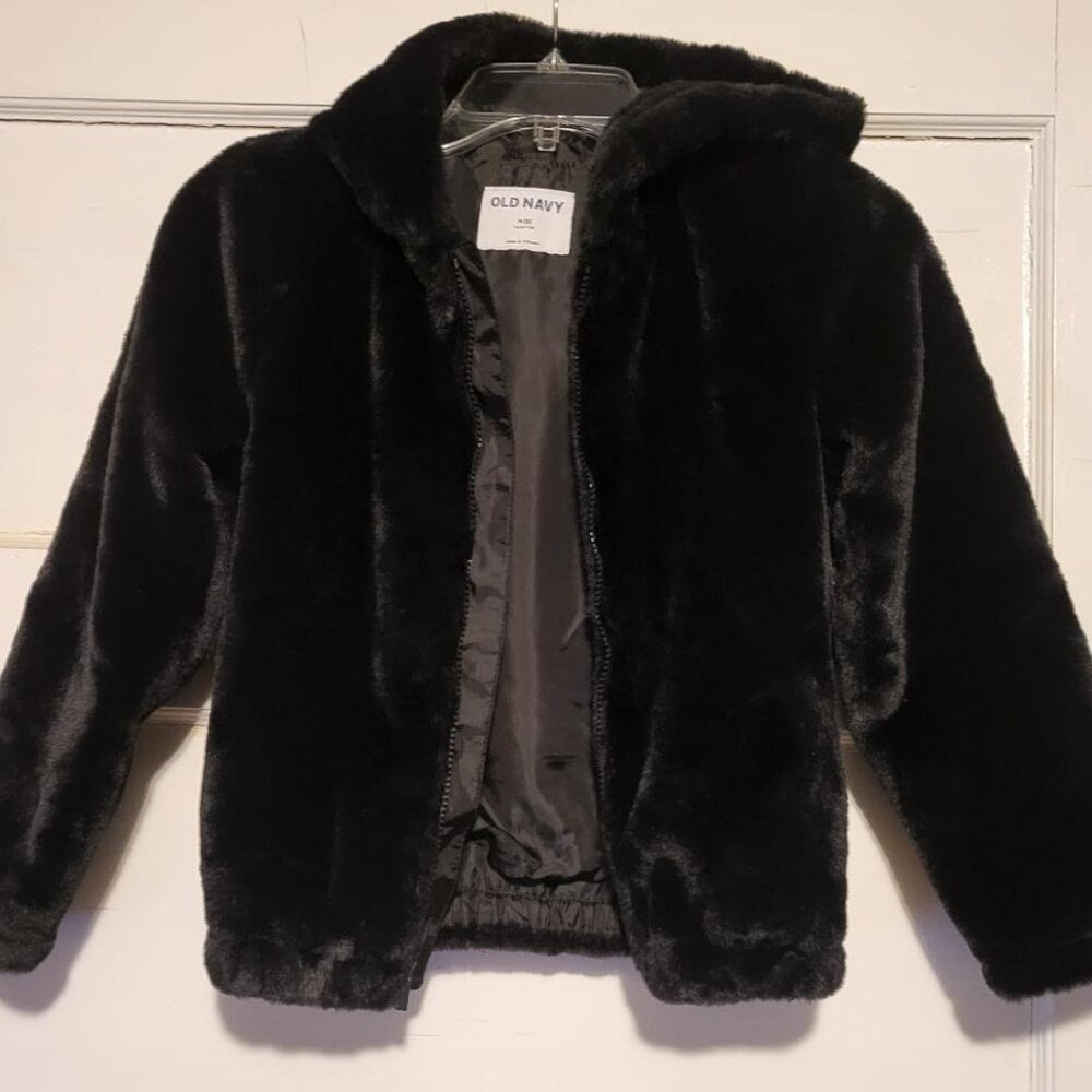 "OLD NAVY" LITTLE GIRL ZIP-FRONT HOODED BLACK FUR JACKET - SIZE M (8) - [NWOT]